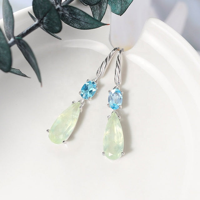 14K Platinum-Plated Sterling Blue Topaz & Prehnite Dangle Earring