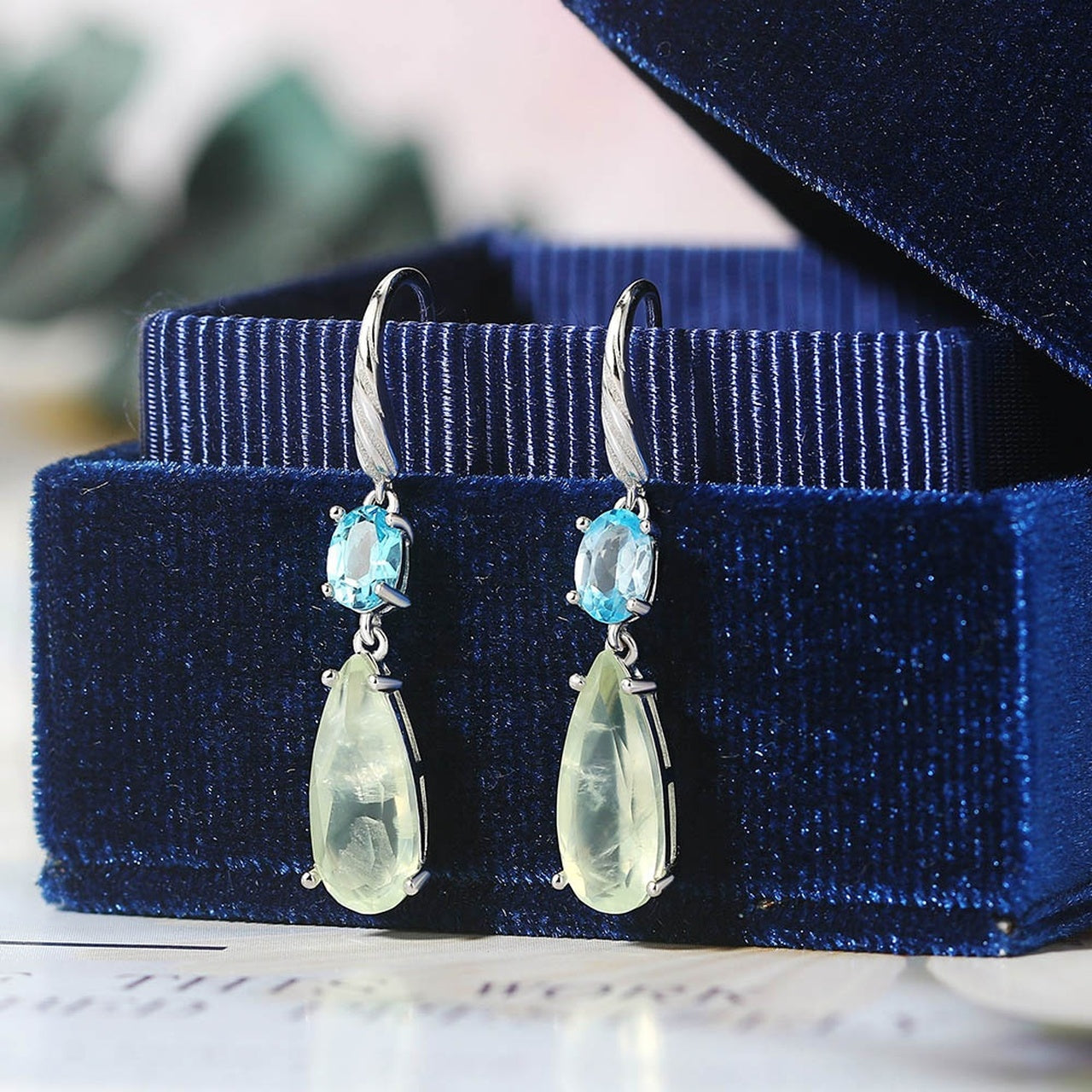 14K Platinum-Plated Sterling Blue Topaz & Prehnite Dangle Earring